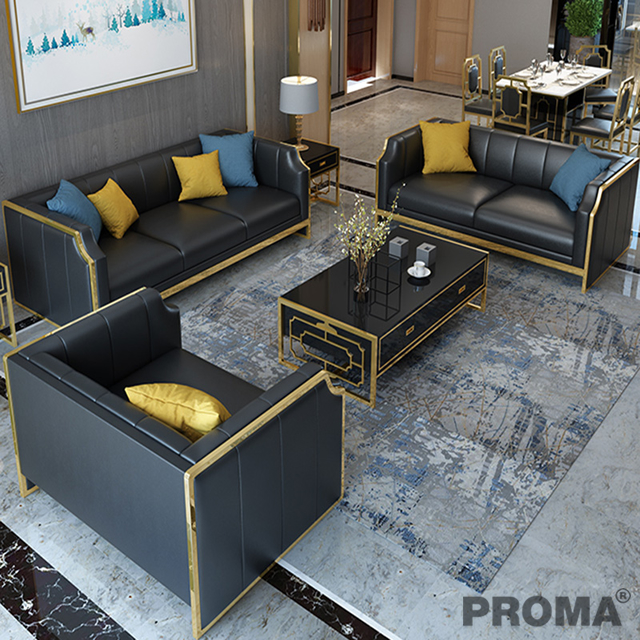 Luxury Golden Metal Frame Office Leather Sofa for Living Room