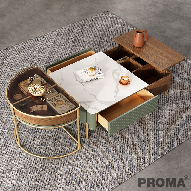 CARBON STEEL LEG COFFEE TABLE WOODEN DRAWERS EXTENDABLE