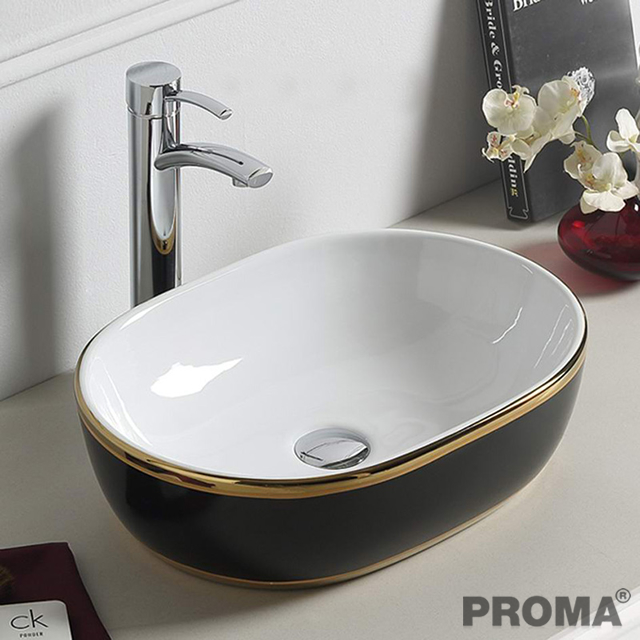 Antique Ceramic Vessel Sink Basin with Gold Pattern