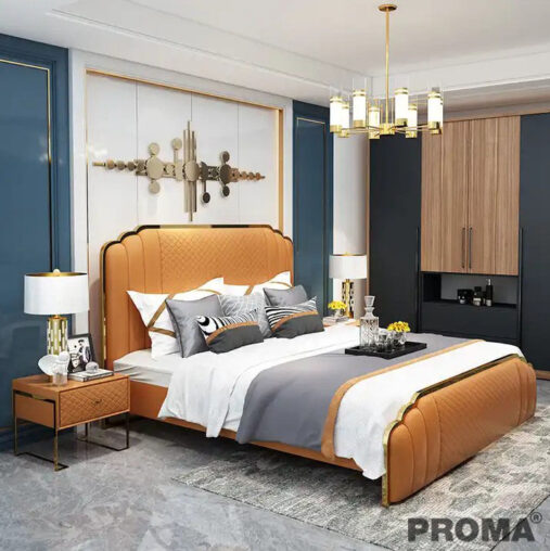 Luxury King Queen Size Modern Wood Leather Bed With Stainless