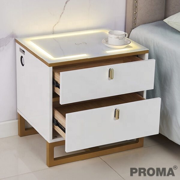 Wireless Charging Bluetooth Speaker Bedside Table LED with 2 Drawers