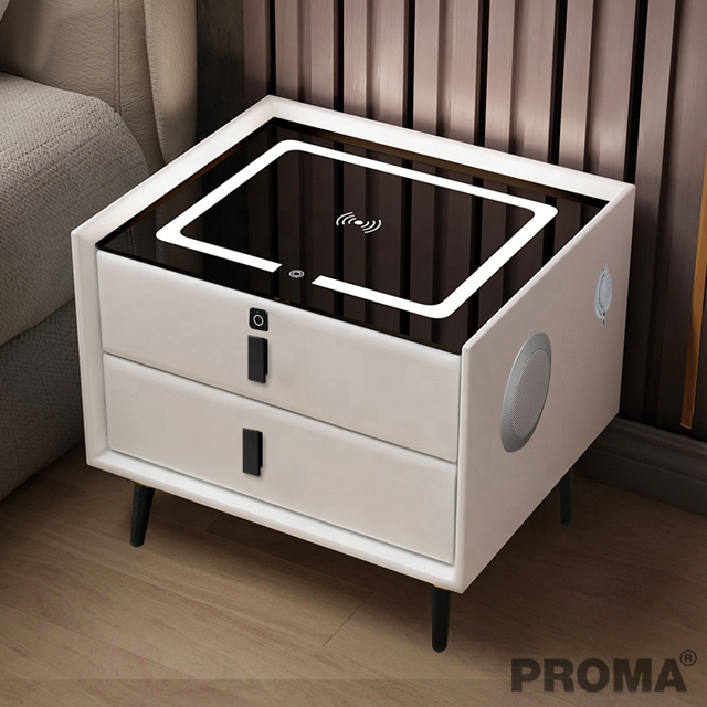 Wireless Charging Speaker Wood Bedside Tables Leather Nightstand