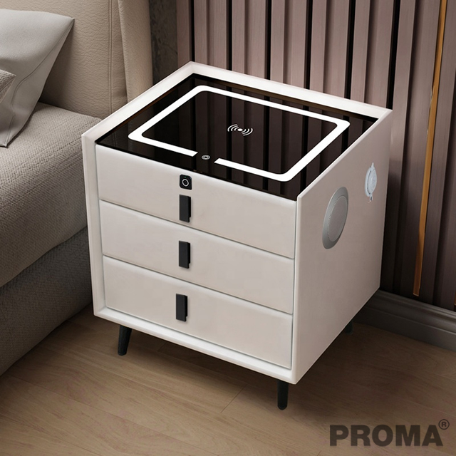 Wireless Charger LED Light Nightstand 3 Drawer with Bluetooth Speaker