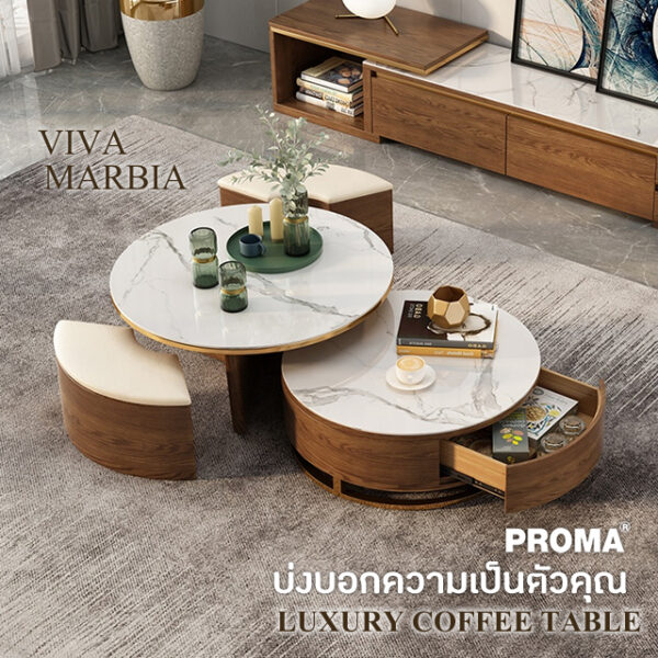 Table Coffee with Chair Storage Marble Solid Wood