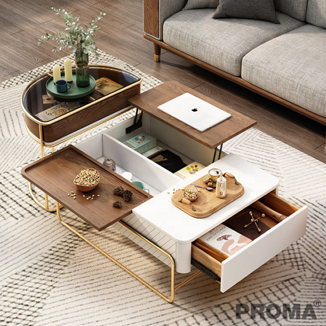 CARBON STEEL LEG COFFEE TABLE WOODEN DRAWERS EXTENDABLE